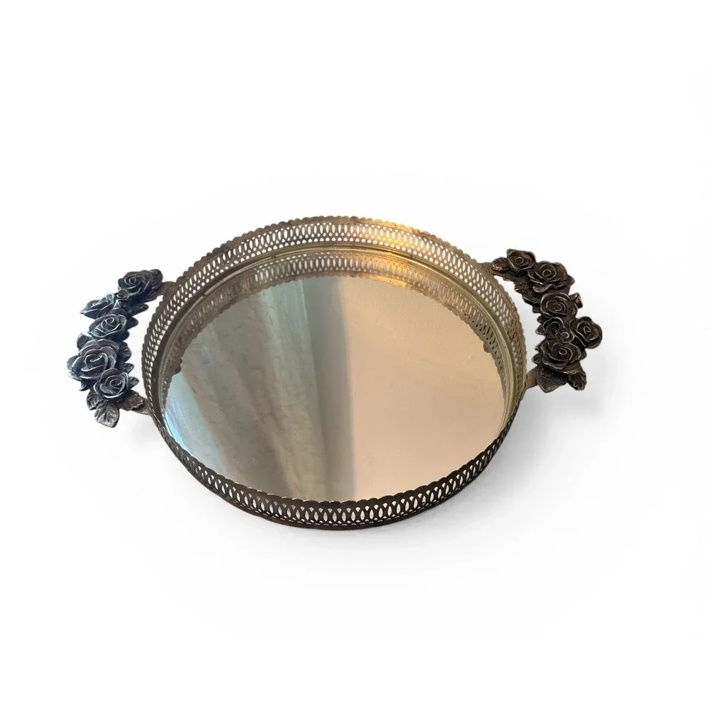 Vintage Round Mirrored Vanity Tray Gold Tone Pierced Metal Rose Flower‎ Handles